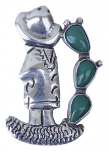 Vintage Silver Mexican Man Green Gemstone Brooch